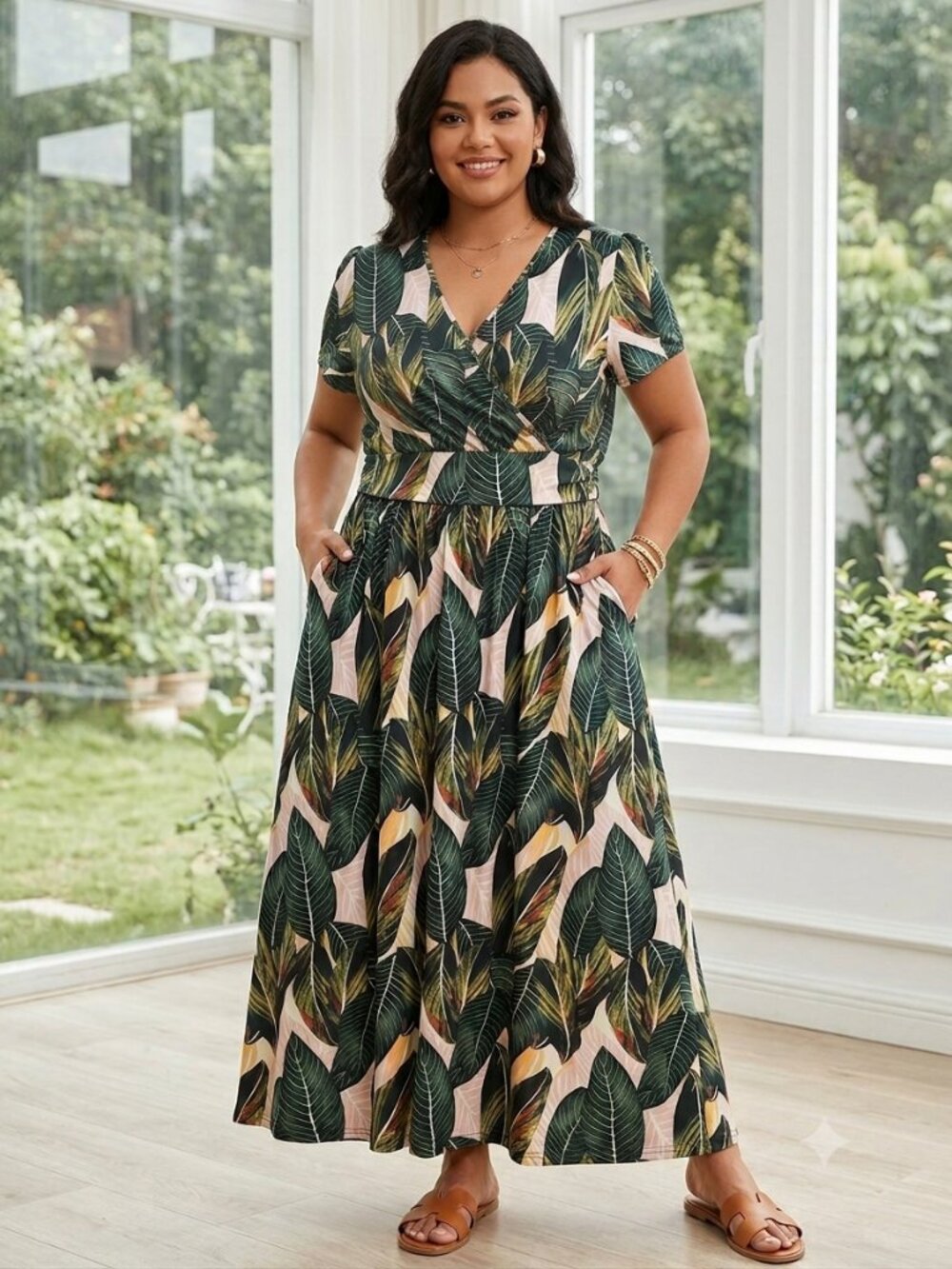 OUGES Tropical Leaf Faux-Wrap Maxi Dress with Pockets Women's Size XXL